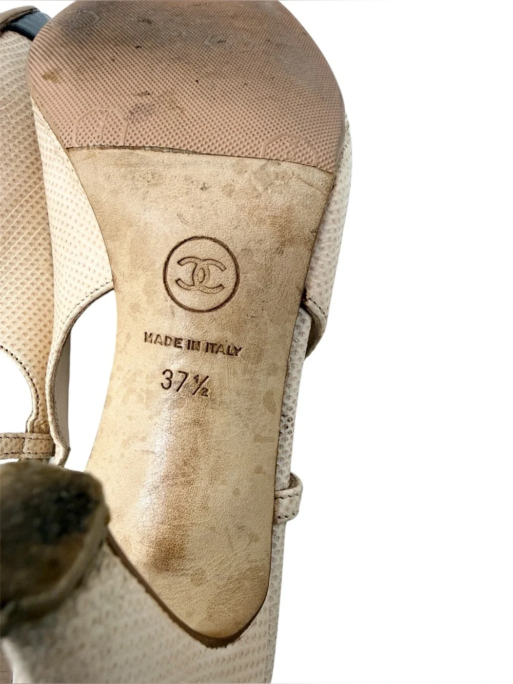 Chanel Cap Toe CC Rare Leather Lizard Slingback Beige Black Pumps Size 37.5